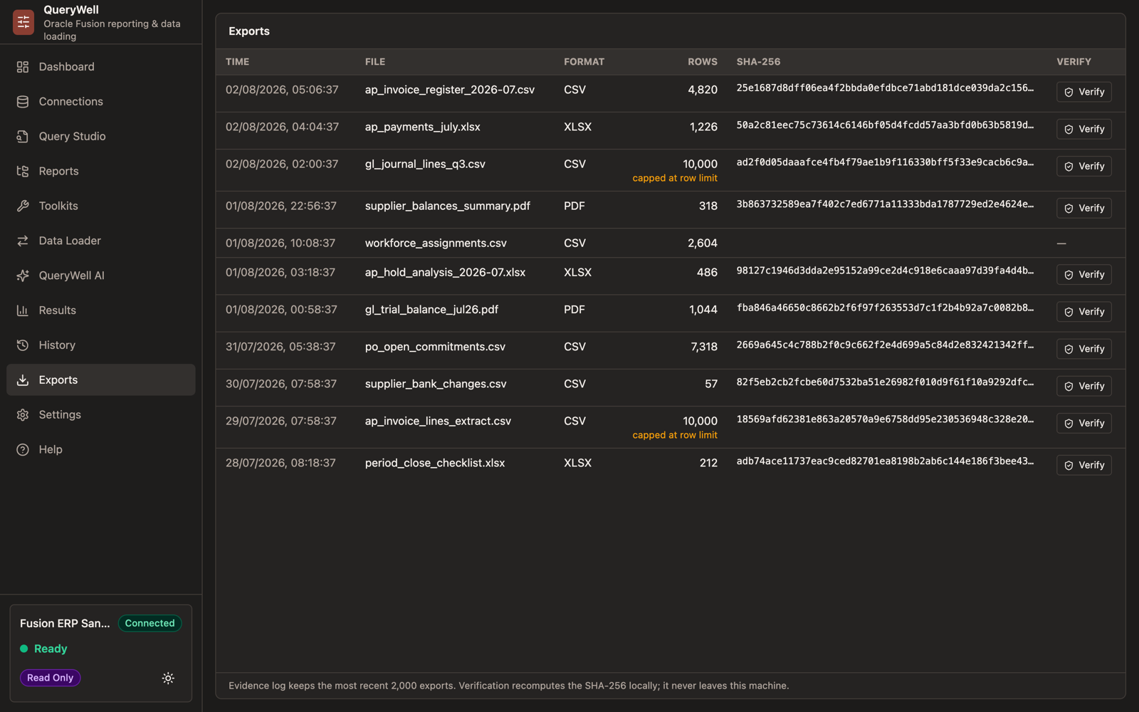 QueryWell Exports log showing CSV, JSON, XLSX and PDF files each with a SHA-256 hash recorded as evidence.
