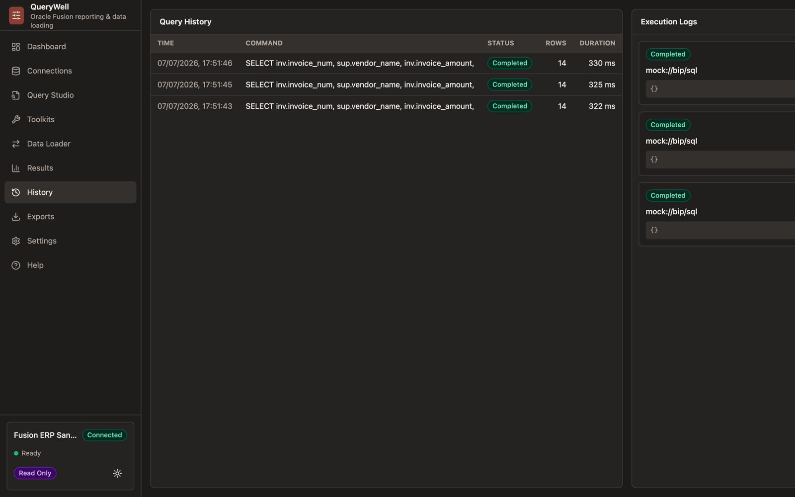 QueryWell History log listing every execution with timestamps and masked sensitive parameters.