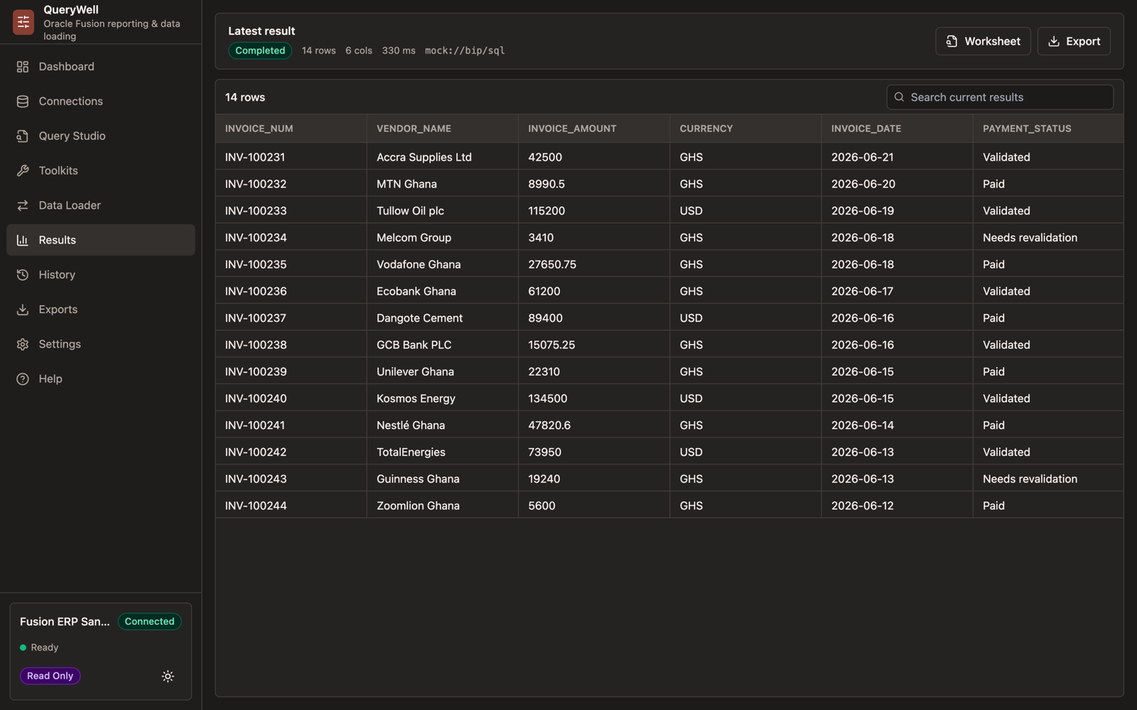 QueryWell Results view with a virtualized data grid, an instant chart, and column profiling.
