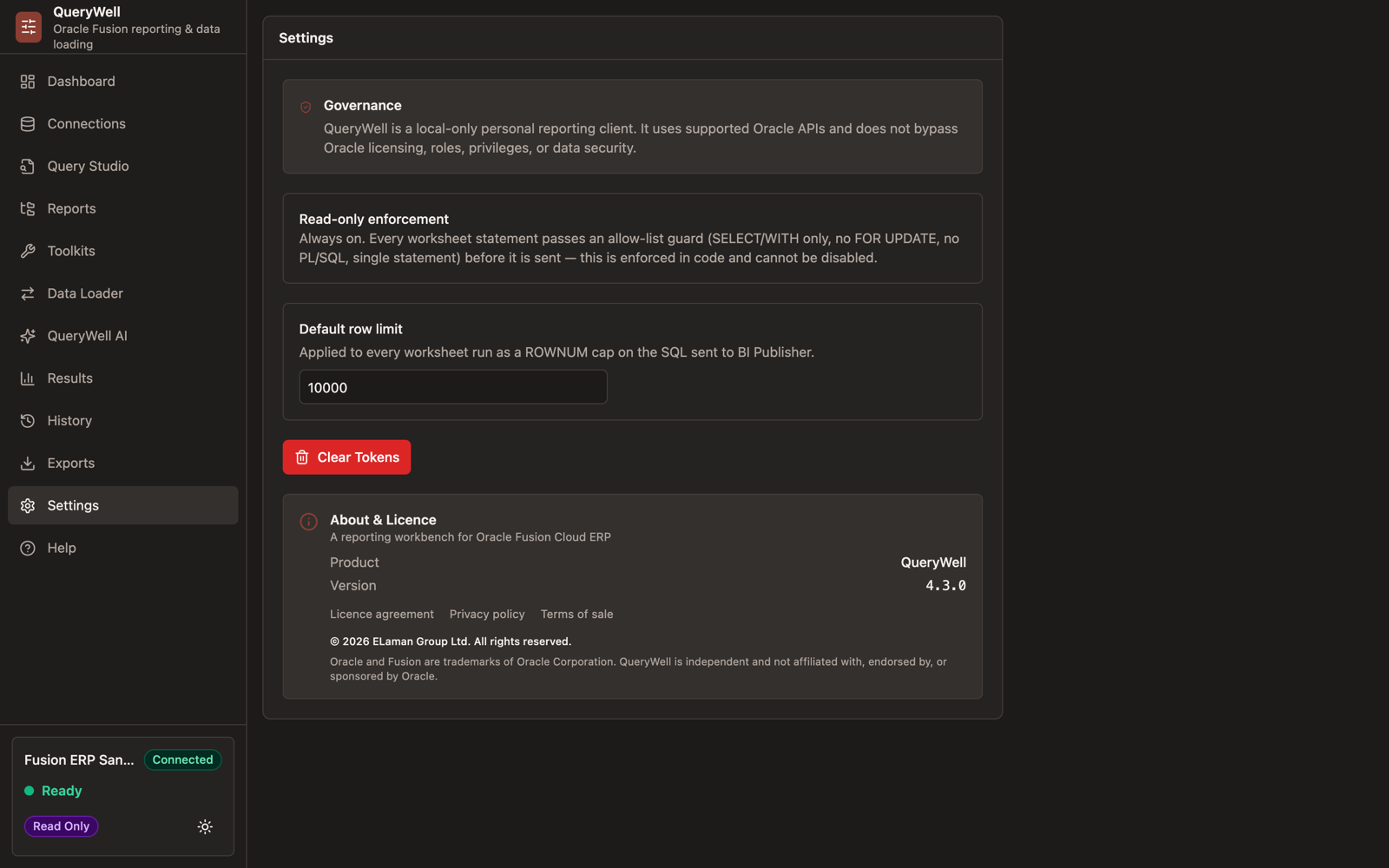 QueryWell Settings screen covering security options, licence status, and local data management.