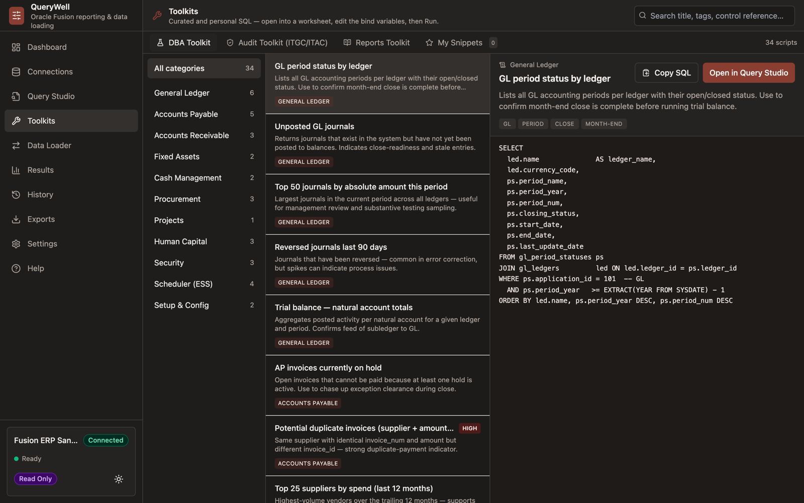 QueryWell Toolkits showing curated DBA and Audit SQL alongside saved personal snippets.